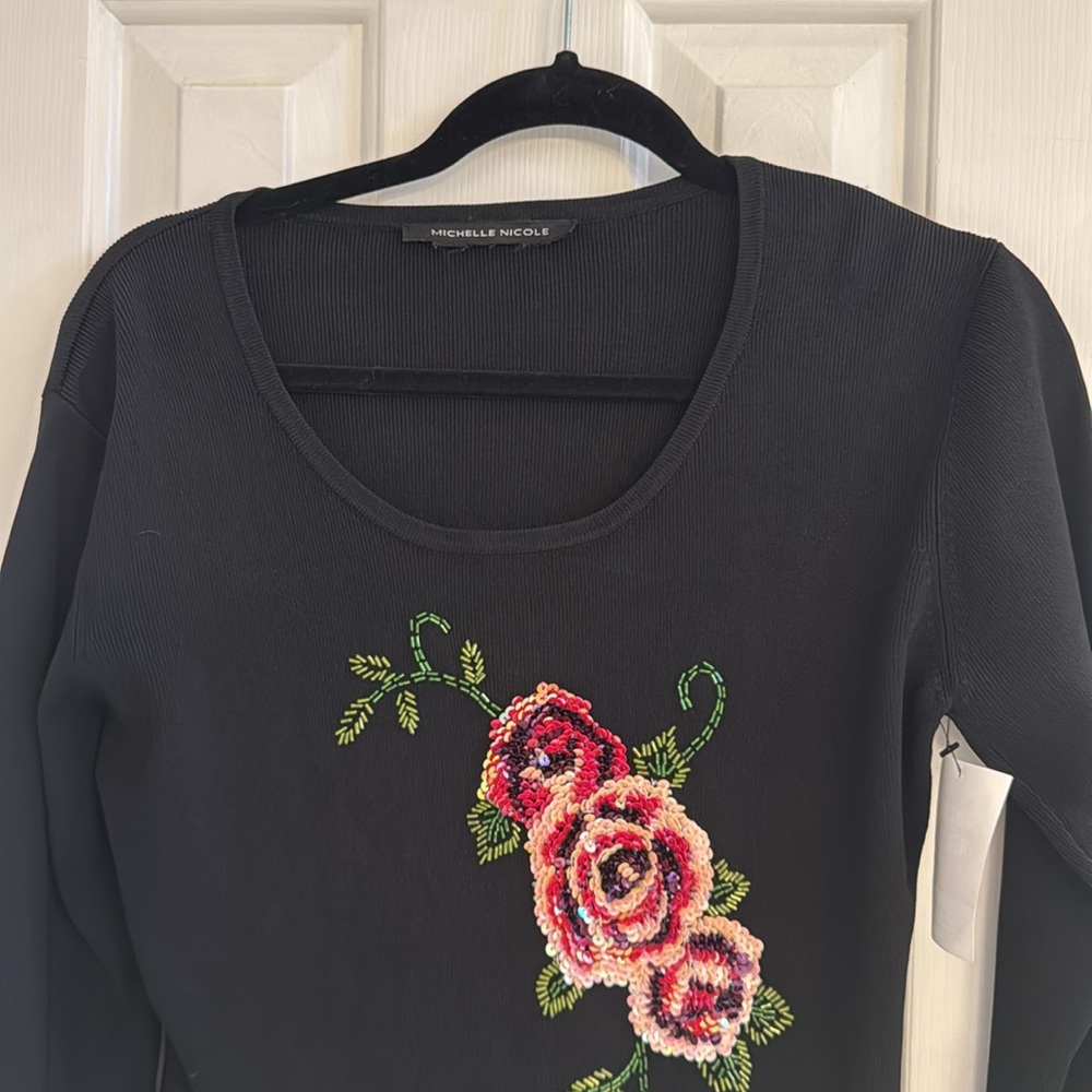 VINTAGE Michelle Nicole Black Floral Embellished Sweater